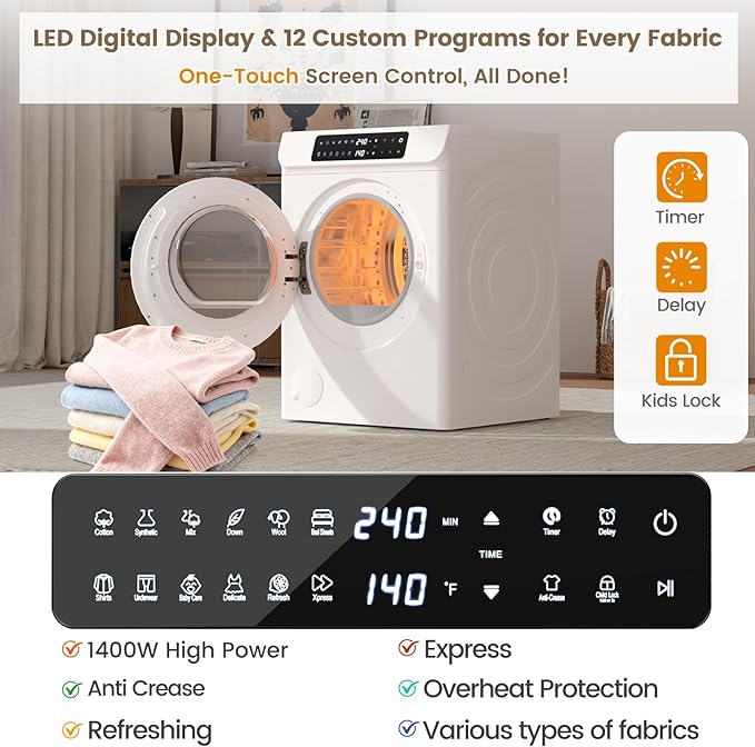 VCJ 3.6 cu.ft Portable Dryer, 1400W Electric Clothes Dryer with 12 Drying Modes & LED Control Panel, Front Load Compact Dryer for Home, Apartment, Dorms