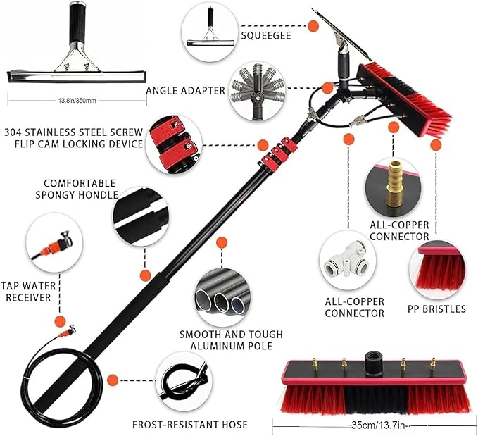 Telescopic Cleaning Brush, Multi-Purpose Water Spray Brush, Solar Panel Cleaning Equipment, Telescopic Hydrocleaner, 3.6m-10.8m, Roof Cleaning Tools Window Cleaner Kit(24FT/7.2M)