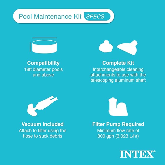 Intex Deluxe Automatic Surface Skimmer Bundled with Maintenance Kit w/ Vacuum & Pole, Swimming Pool Cleaning Tools for Above Ground and InGround Pools