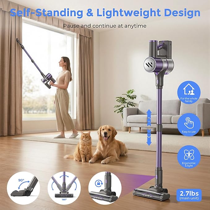 Vacuum Cleaners for Home,Cordless Vacuum Cleaner,Lightweight Stick Vacuum Cordless Rechargeable,Self-Standing Design,LED Touch Screen,Vacuum for Hardwood Floors,Carpet,Pet Hair(Mulberry Purple)