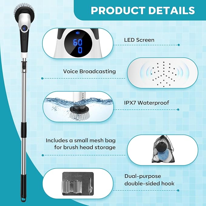 YKYI Electric Spin Scrubber-Cordless Power Scrubber with 8 Brush Heads, 3 Speeds & Adjustable Long Handle, IPX7 Waterproof Shower Cleaning Brush for Bathroom Tile, Bathtub, Grout, Kitchen(White)