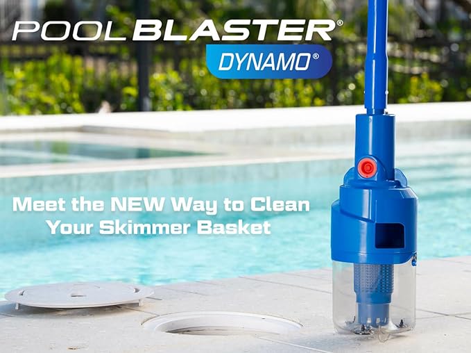 POOL BLASTER Dynamo Pool Skimmer Basket Vacuum, Cordless Hands-Free Safe Debris Removal Tool, No Bending Over, No Skimmer Basket Handle Needed, Rechargeable, Battery-Operated, with Skimmer Basket Hook
