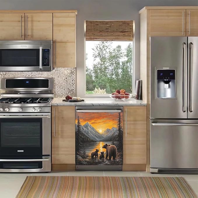 Lake Sunset Reflection Brown Bear Dishwasher Magnet Cover, Creative Kitchen Appliances Panel Decorate Refrigerator Front Door Magnets Decals 23" W x 26" H