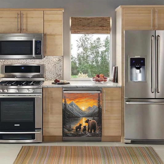 Lake Sunset Reflection Brown Bear Dishwasher Magnet Cover, Creative Kitchen Appliances Panel Decorate Refrigerator Front Door Magnets Decals 23" W x 26" H