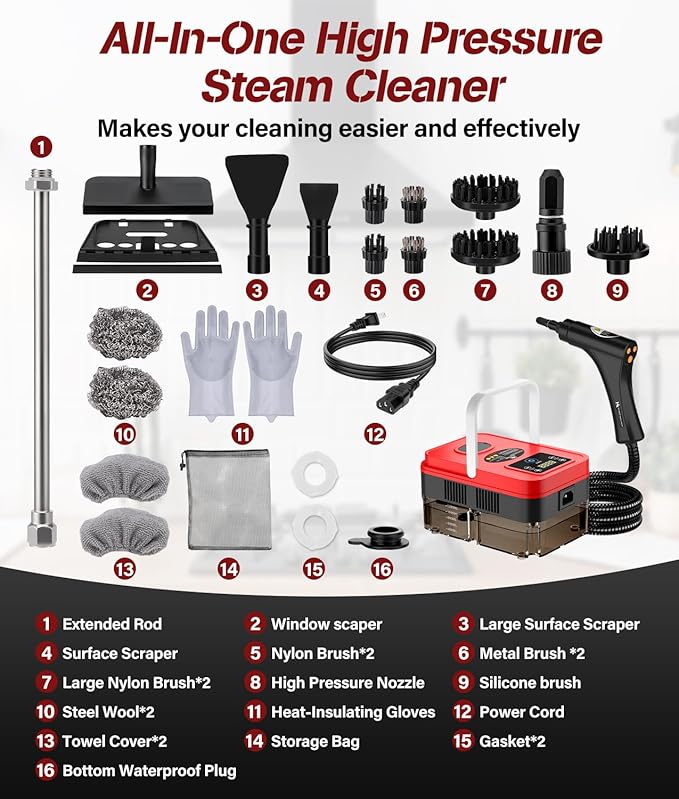 2026 Upgraded Steam Cleaner,10s Heat-Up,1.2L Tank, 6-Level Adjustable Handle,1500W Steamer for Cleaning, Portable Steamer for Cleaning with 20PCS Accessories, Steam Cleaner for Home,Car,Dirt