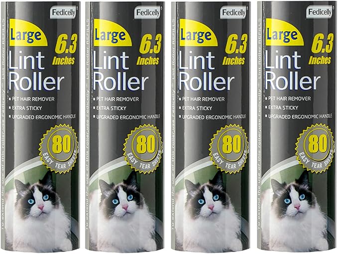 Fedicelly Large Lint Rollers Pet Hair Extra Sticky Refills,Mega Value Set 6.3 inches Wider with 320 Sheets for Cat and Dog Hair Removal,80 Sheets Per Roller by Fedicelly