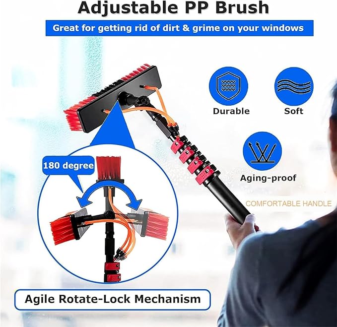 Telescopic Water Fed Pole Window Cleaner Kit, 50cm Brush Head & 20M Hose, Extendable Conservatory Roof Cleaning Tools, Efficient Window & Roof Cleaning Solution