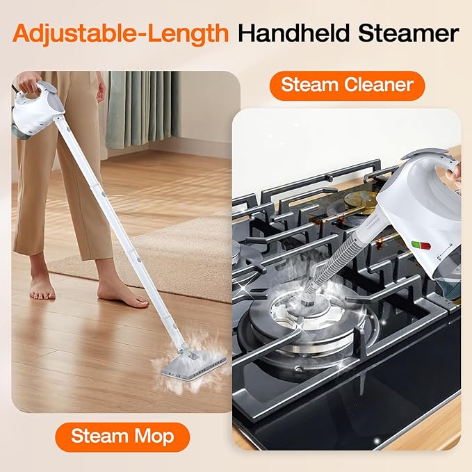 ScrubWiz 10-in-1 Steam Cleaner, Steam Mop & Detachable Handheld Steam Cleaner, 320ml Water Tank, 10s Fast Heating, Portable Steamer for Kitchen, Floor, Tiles, Window, BBQ Grill, Car, Bright White