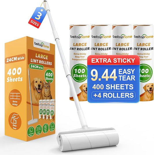 Extra Large Lint Roller for Pet Hair, 9.44-Inch Wide, 400 Sheets | Extendable Handle, 3 Refills & Dust Cover for Floors, Carpet & Couch by Beitophomepet%60sfamily