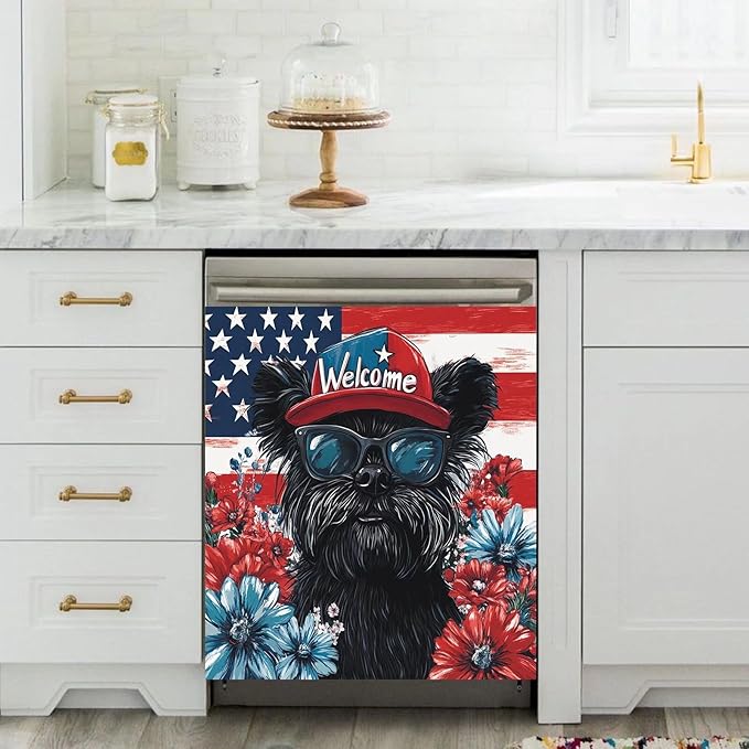 Black Patriotic Puppy Dishwasher Magnet Cover American Flag and Flowers Magnetic Dishwasher Cover Magnets Decorative Cover Refrigerator Appliances Panel Sheets 23" x 26" Magnetic