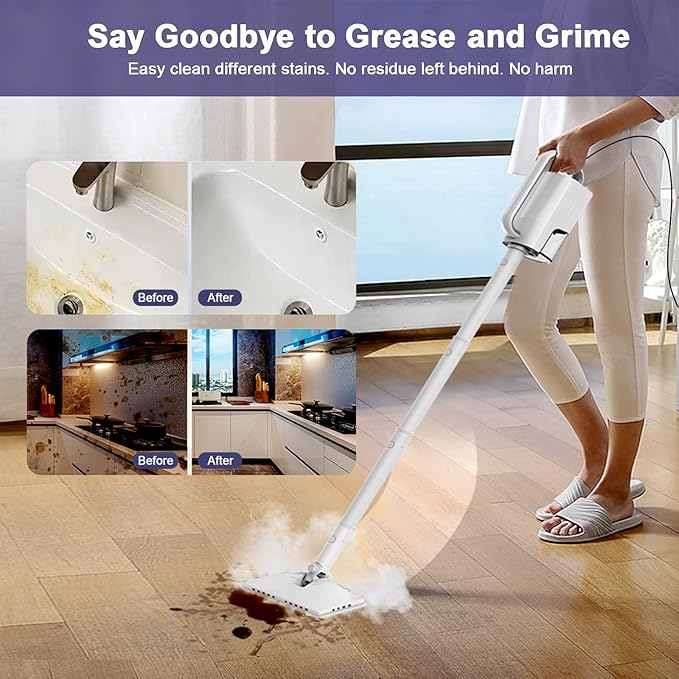 6-in-1 Steam Mop, 1200W Rotated Steam Cleaner for Home, 2 Modes, 400ML Removable Tank, 23FT Power Cord, 2 Pads, Multi-Surface Steamer for Hard Floor, Laminate Floor, Tiles Cleaning (Stone White)