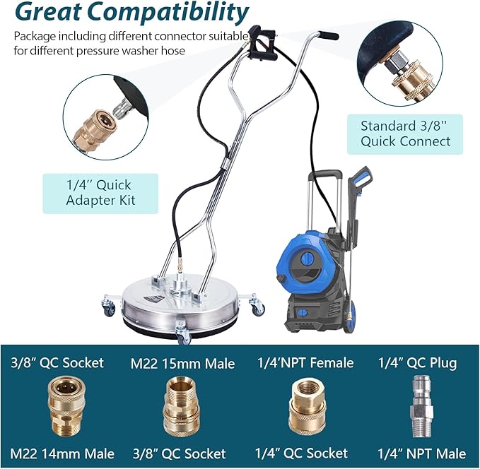 Towallmark 20" Pressure Washer Surface Cleaner with Dual Handle 4 Wheels, 3/8" Connector, 2 Replacement Nozzles, Stainless Steel Power Washer Housing Accessory for Driveway Deck Sidewalk Patio 4000PSI