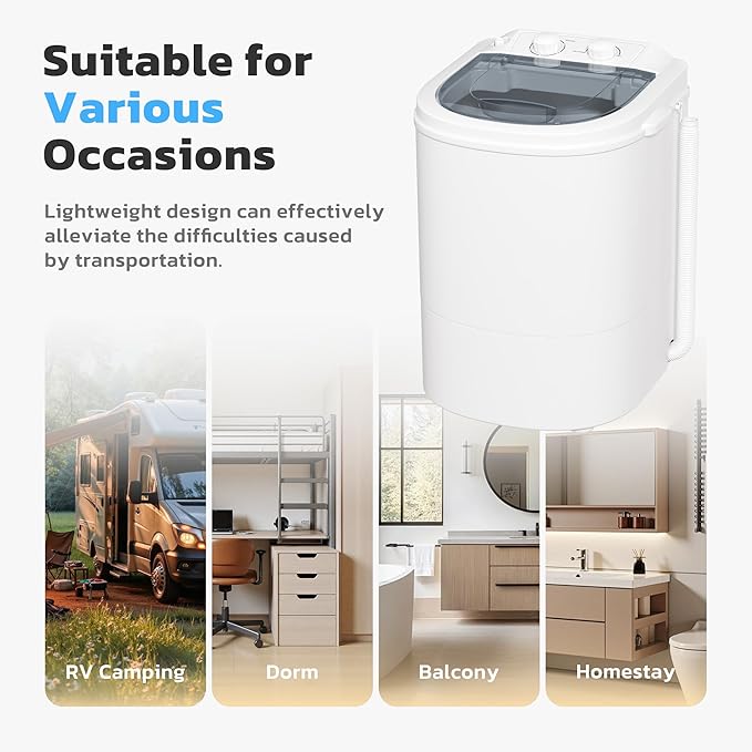 INTERGREAT Portable Washing Machine, 5.5 Lbs Compact Mini Portable Washer, 110V Single Tub Laundry Washer Machine for Apartments, Dorms, Traveling, RV, Grey