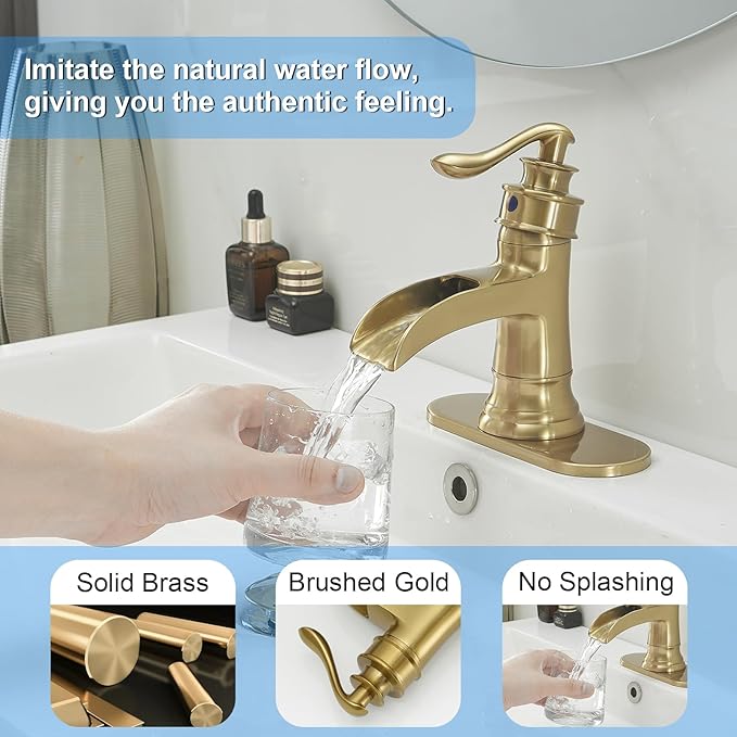 BWE Waterfall Bathroom Faucet Brushed Gold Bathroom One Hole Single Handle Vanity Sink Faucet with Pop Up Drain Assembly and Supply Hose