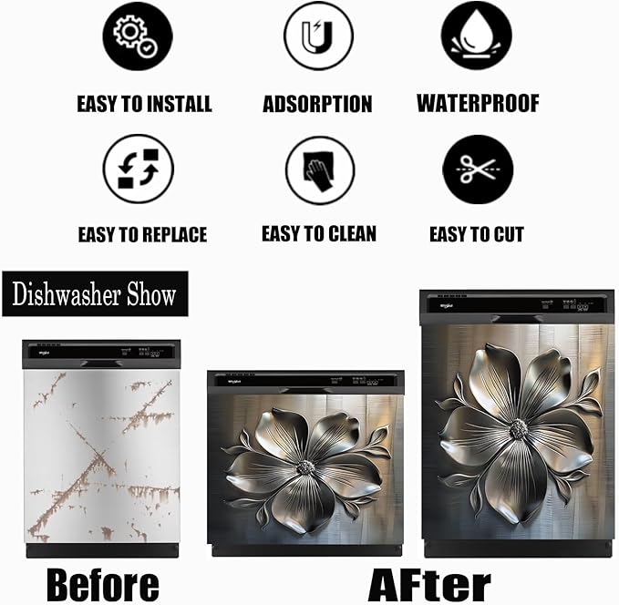 Metal Flower Dishwasher Magnetic Cover for Door Front, Retro Style Stainless Steel Refrigerator Magnet Decor Sticker, Dishwasher Magnet Panel Decal for Fridge Home Appliance 23 W x 26 H inches