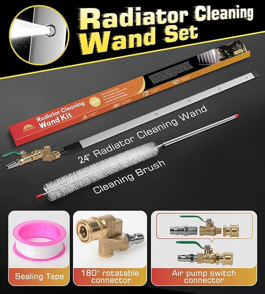 24" Upgraded Radiator Cleaning Wand With 25° Fan Nozzles,Water and Air Dual-Use 4500 PSI Pressure Washer Tool Set for Car,Truck and Other Vehicles.