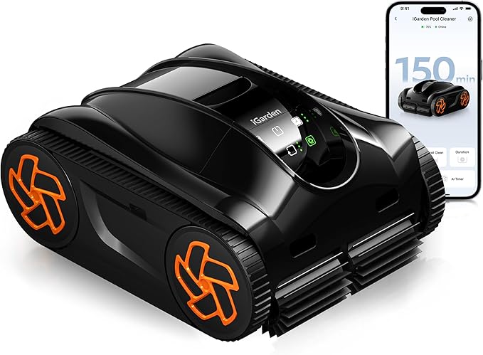 (2025 Upgrade) iGarden Pool Cleaner K25, Cordless Pool Vacuum Robot for Inground & Above Ground Pools, Smart Navigation, 150 Min Runtime, Touchscreen, Self-Parking, Cleans Floor, Wall & Waterline