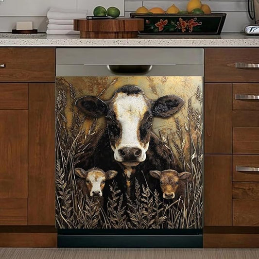 Rustic Farmhouse Cow Kitchen Decor Dishwasher Magnet Cover Decal, Wheat Field Magnetic Dish Washer Panel Door Vinyl Sticker, Refrigerator Magnets,Easy to Clean, 23 x 26 inch