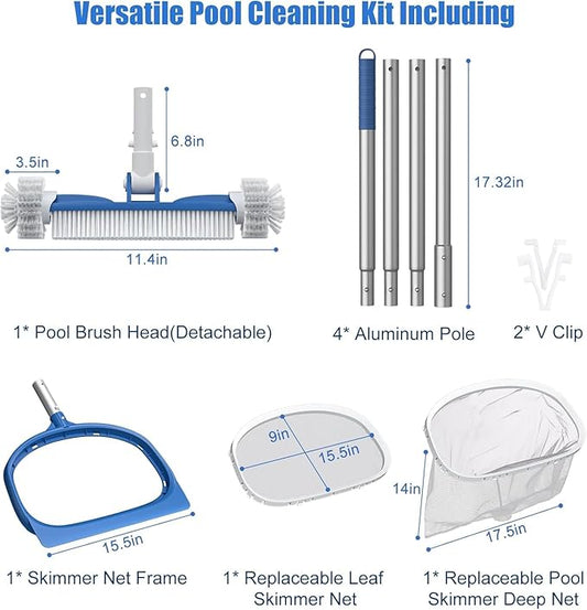 CKE Swimming Pool Cleaning Kit, Including Telescoping Swimming Pool Pole, 18.5" Rotatable Pool Brush Head, Fine Mesh Leaf Skimmer Net, 2-in-1 Pool Skimmer Net for Inground & Above Ground Pools