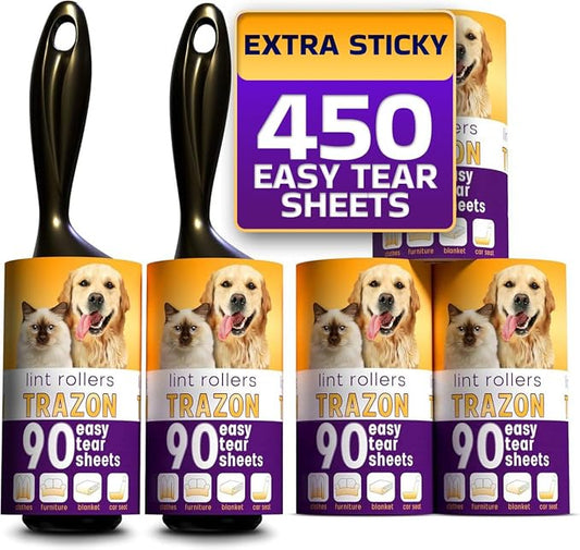 Lint Rollers Value Pack of 450 Sheets / 5 Refills, Sticky Roller, Lint Remover for Dog, Cat, Pet Hair, Lint Rollers for Clothes, Carpet, Couch, Furniture, Car Seats White by TrazonProducts
