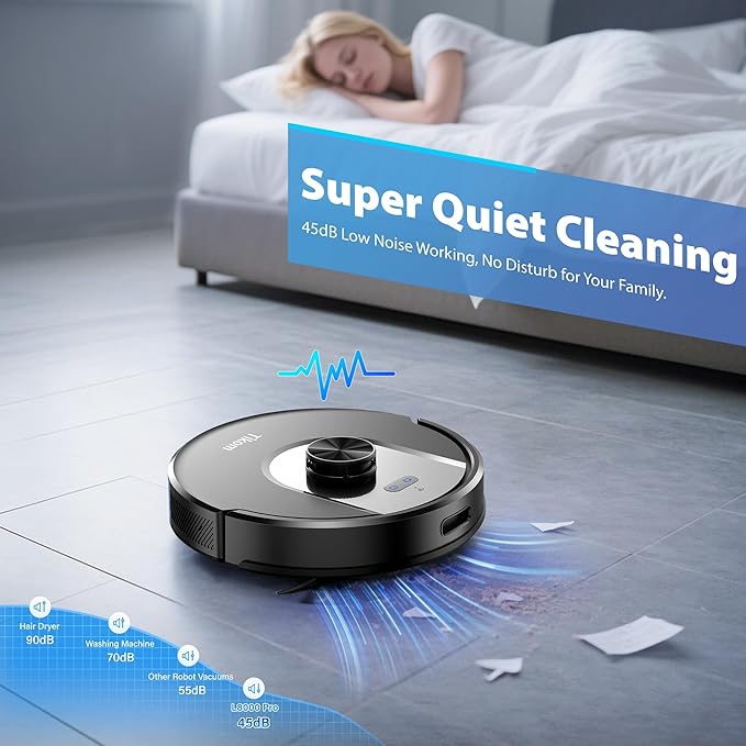 Tikom Robot Vacuum and Mop Combo, 6000Pa Automatic Robotic Vacuum Cleaner, Smart Mapping, 150 Min Max, Ideal for Pet Hair, Hardfloors, Carpets, Home(L8000 Pro)