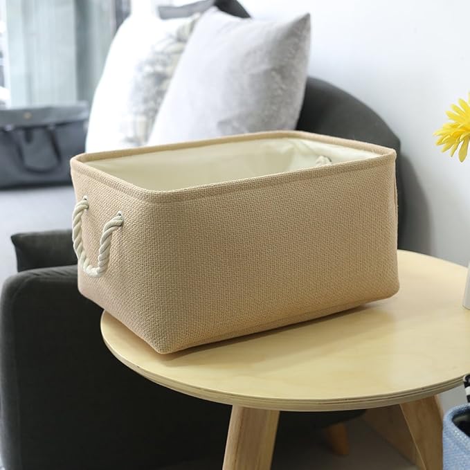 TheWarmHome Decorative Basket Rectangular Small Storage Basket Fabric Storage Bin Organizer Basket with Handles for Clothes Storage (Beige, 11.8L??7.9W??5.2H inch)