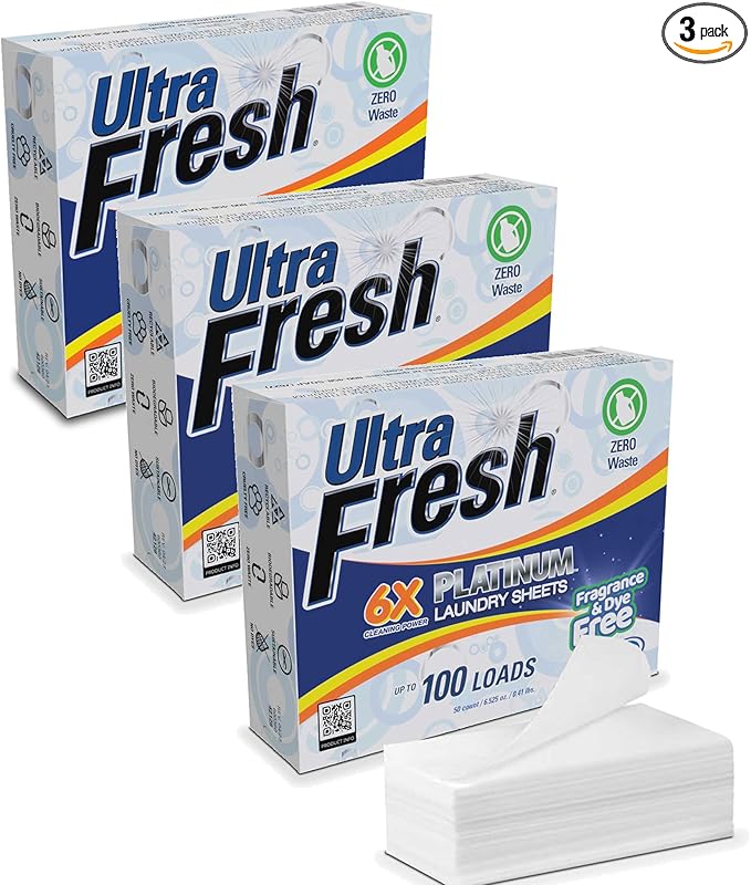 Ultra Fresh Platinum 3 Pack Laundry Soap Detergent Sheets, Ultra Concentrated, Stain Fighting, Fragrance & Dye Free, 300 Loads