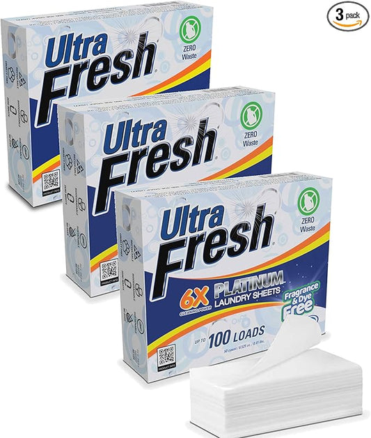 Ultra Fresh Platinum 3 Pack Laundry Soap Detergent Sheets, Ultra Concentrated, Stain Fighting, Fragrance & Dye Free, 300 Loads