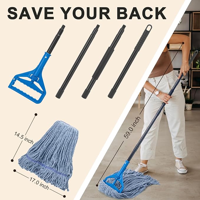 Commercial Industrial Mop with 3 Extra Large Reusable Replacement Head,59" Long Handle Heavy Duty Wet Mops,Looped-End String Cotton Mop for Floor Cleaning,House,Kitchen,Office,Garage,Tile(Blue)