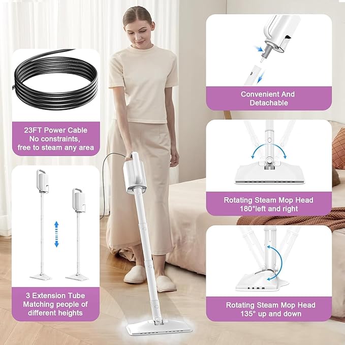6-in-1 Steam Mop, 1200W Rotated Steam Cleaner for Home, 2 Modes, 400ML Removable Tank, 23FT Power Cord, 2 Pads, Multi-Surface Steamer for Hard Floor, Laminate Floor, Tiles Cleaning (First Frost)