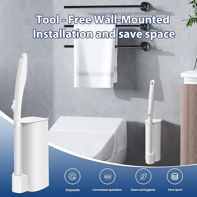 2 Pack Disposable Toilet Brush Set with 60 Refills, Wall-mounted Toilet Bowl Wand Kit-2 Extend Toliet Wand, 2 Storage Holder&60 Disposable Refill Pre-Filled Cleaning Solution for Deep Cleaning Toilet.