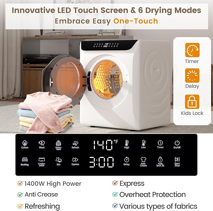 VCJ 2.8 cu.ft Portable Dryer, 1400W Electric Clothes Dryer with 6 Drying Modes & LED Control Panel, Front Load Compact Dryer for Home, Apartment, Dorms