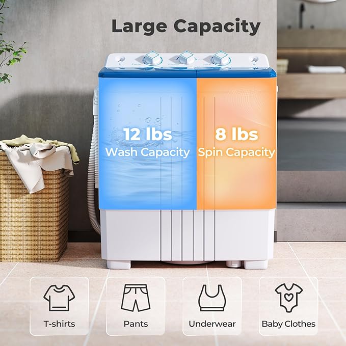 Giantex Portable Washing Machine, 20 LBS Washer & Spinner Combo with Built-in Drain Pump & Time Control, Compact Twin Tub 12 LBS Washing & 8 LBS Spin Drying for Apartment Dorm RV (Blue+White)
