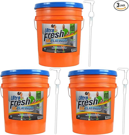 Ultra Fresh Platinum Sport 5 Gallon 6x Laundry Detergent Suitable for All Machine Type and Up to 640 Laundry Loads with Pump (3 Pack)