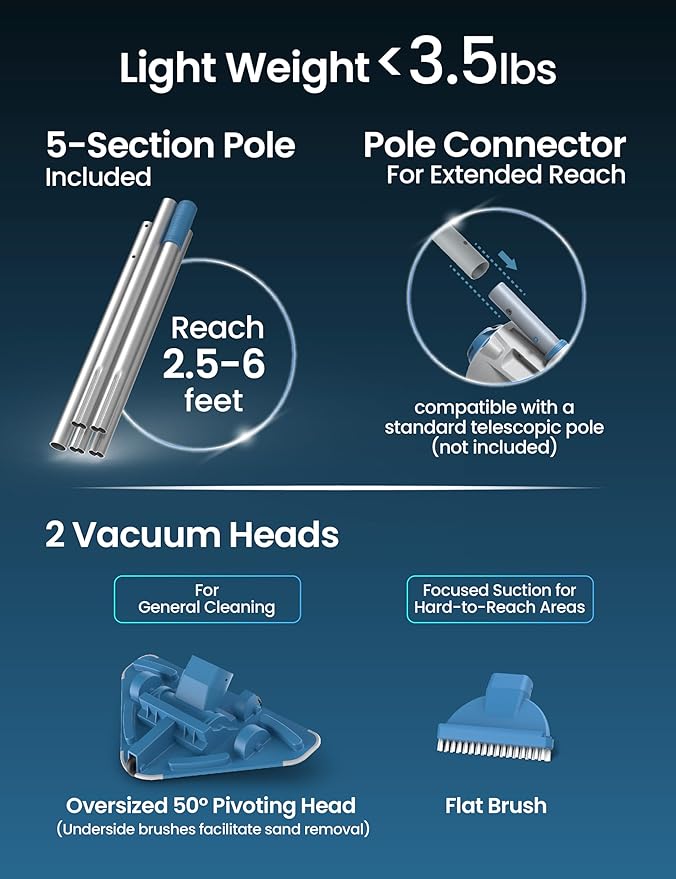 KOKIDO Rechargeable Cordless Pool Vacuum for Above Ground Pool and Pond Cleaner, 72” Aluminum Pole, Standard & Fine Filters, 2 Brush Vac Heads, Handheld Pool Cleaner Spot Clean Inground Pools XV320