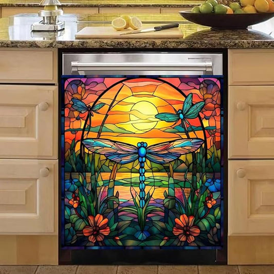 Dragonfly Dishwasher Magnet Cover for Home Appliance, Colorful Glass Art Vinyl Decal for Dish Washer Magnetic Sticker, Spring Flowers Refrigerator Panel Door Cover (23" x 26" Magnetic)