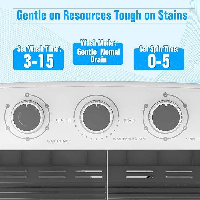 SUNCROWN Portable Washing Machine 17.6lbs, Compact Twin Tub Semi Automatic Washer, Energy-Saving Mini Laundry Combo with Extended Drain Hose & Pump for Apartments, RV, Dorms, White & Grey