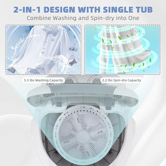 Elevon Mini Spin Dryer Portable Washing Machine, Compact Laundry for Home, Apartment, RV, Gray