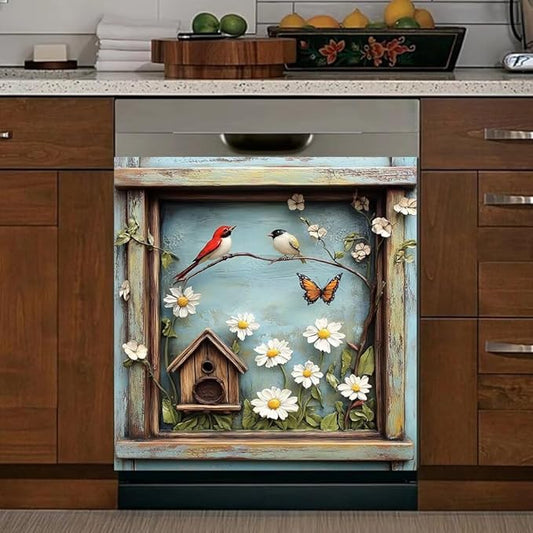Kitchen Decor Dishwasher Magnet Cover Decal, Rustic Farm Floral Window Birds and Flowers, Magnetic Dish Washer Panel Door Vinyl Sticker, Refrigerator Magnets,Easy to Clean, 23 x 26 inch