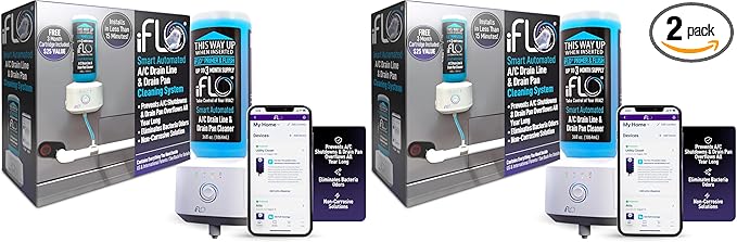 iFLO® Smart A/C Drain Line and Drain Pan Cleaner for HVAC System, Clog-Free, Easy Installation & App-Controlled Air Conditioner Maintenance, Includes 36oz Cleaner Cartridge, 3 Month Supply (Pack of 2)
