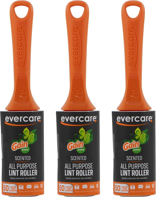 Evercare Gain Scented All-Purpose Lint Roller Brushes with 50 Sheets, Pack of 3 Manual Refillable Lint Rollers with Gain Scent (150 Sheets Total) by Evercare