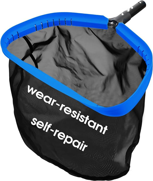 Upgraded Self-Repair Pool Net, Pool & Pond Cleaning Skimmer with Heavy Duty Nylon Net - Fine Mesh, Aluminum Frame, Deep Trash Bag for Above Ground & In-ground Pools, Leaf Skimmer Rake Net(No Pole)