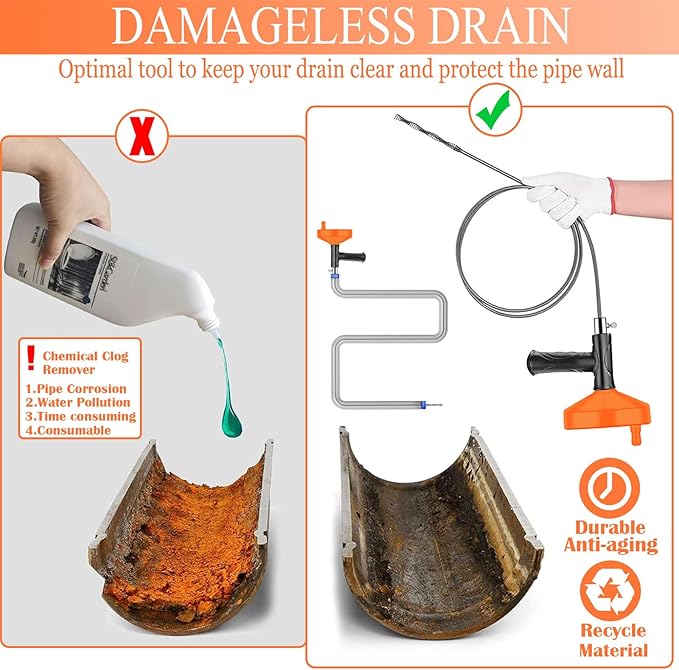 33 Feet Drain Snake Auger, Plumbing Snake Drain Hair Clog Removal Tool, Sink Unclogger, Heavy Duty Toilet Snake Auger, Cleaner Tool for Bathroom Kitchen Tub Shower Drain Clog Remover with Gloves