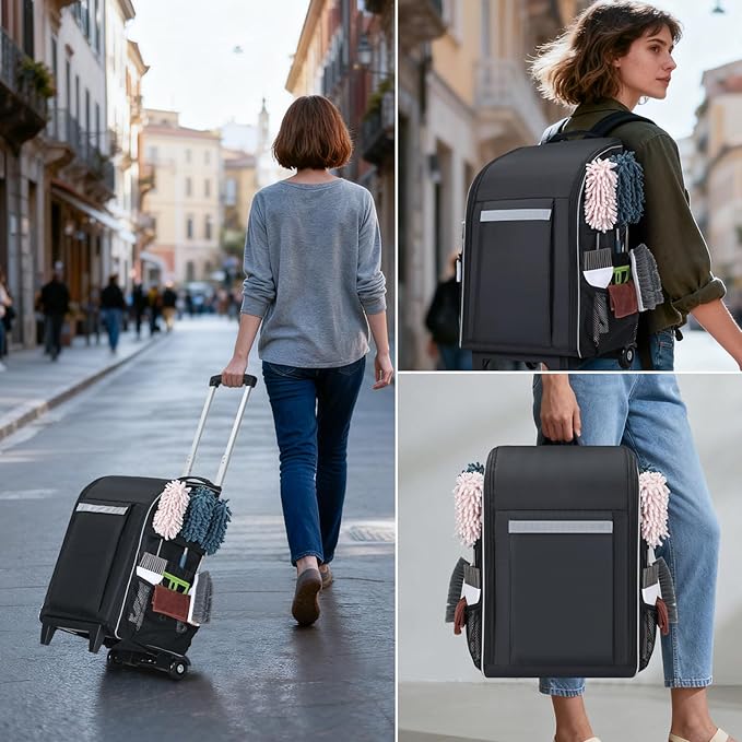 Rolling Cleaning Caddy Backpack with Wheels, Large Capacity Cleaning Supply Organizer Bag with Detachable Trolley & Backpack Strap, Water-Resistant Cleaning Bag for Houskeeper Cleaner