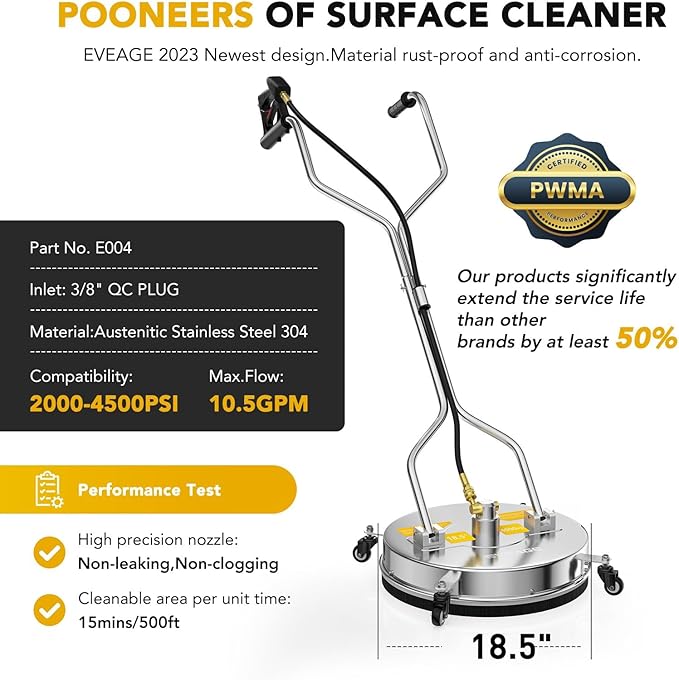 EVEAGE 18.5" Powerful Pressure Washer Surface Cleaner, EP003 Dual Handle Stainless Steel Surface Cleaner for Pressure Power Washer, 4000 PSI, Perfect for Driveways, Sidewalks,Patios (18.5 in)