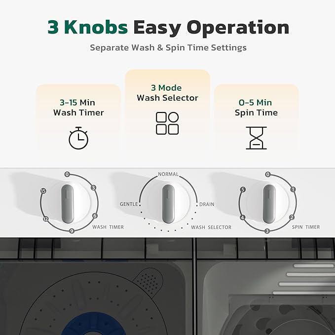Greenvelly Portable Washing Machine, 28 Lbs Capacity Twin Tub Washing Machine, 18lbs Washer and 10lbs Spinner Combo, Compact Laundry Washer for Apartment,Camping, RVs and Dorms, Grey+White