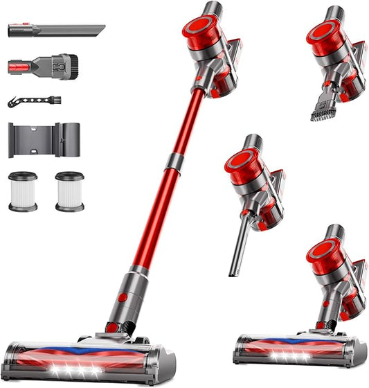 Cordless Vacuum Cleaner, Powerful Stick Vacuum Cleaner for Home with Rechargeable Battery, 6-in-1 Lightweight Handheld Vacuum, 45 Mins Runtime for Hardfloor & Carpets Pet Hair (red)