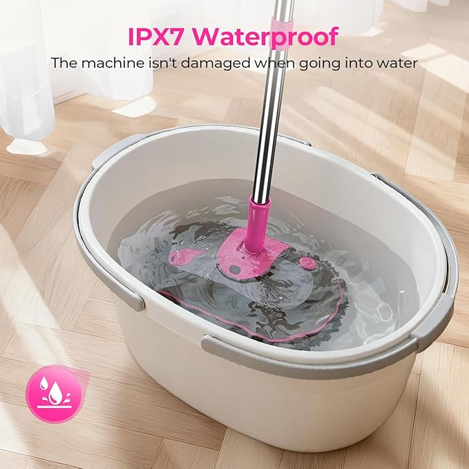 Cordless Electric Spin Mop with Water Sprayer, 300ml Tank Self-Propelled Floor Cleaner for Hardwood & Tile, Quiet Cleaning, Adjustable Handle, 2500mAh Long-Lasting Battery, Pink