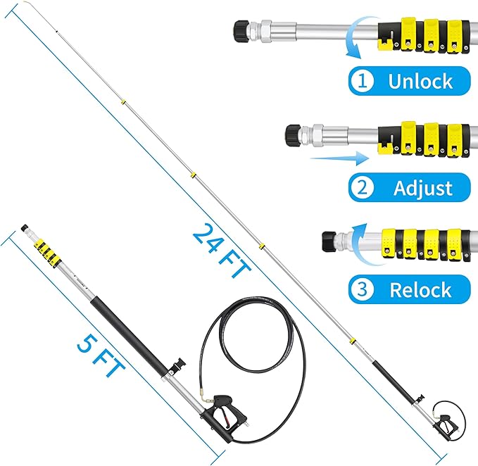 24FT Telescoping Pressure Washer Extension Wand, Hot Water Supported Power Washer Extension Wand, Solar Panel Cleaner Pole with Brush Head, 7 Nozzle Tips, 3 Adapters & Harness