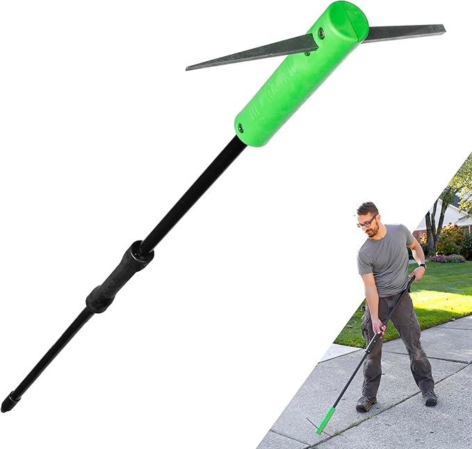 BICRACKIE Stand-Up Crack Weeding Tool with 60" Steel Pole; Steel Blade with 2-Sized, 5" Tapered Ends for Driveways, Patios, Sidewalks, Pavers to Remove Weeds Easily; Made in USA
